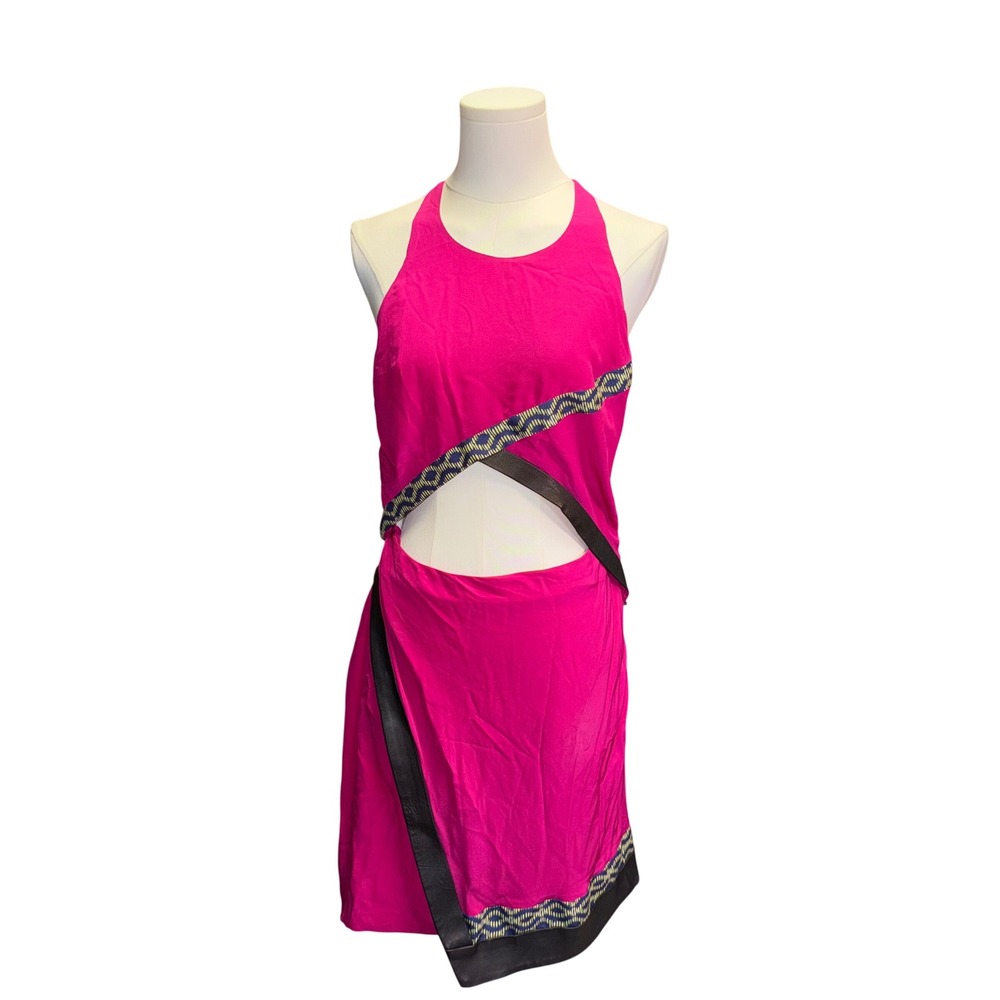 Thakoon Addition Pink Cut Out Mini Dress Leather Trim Geometric Accents Womens